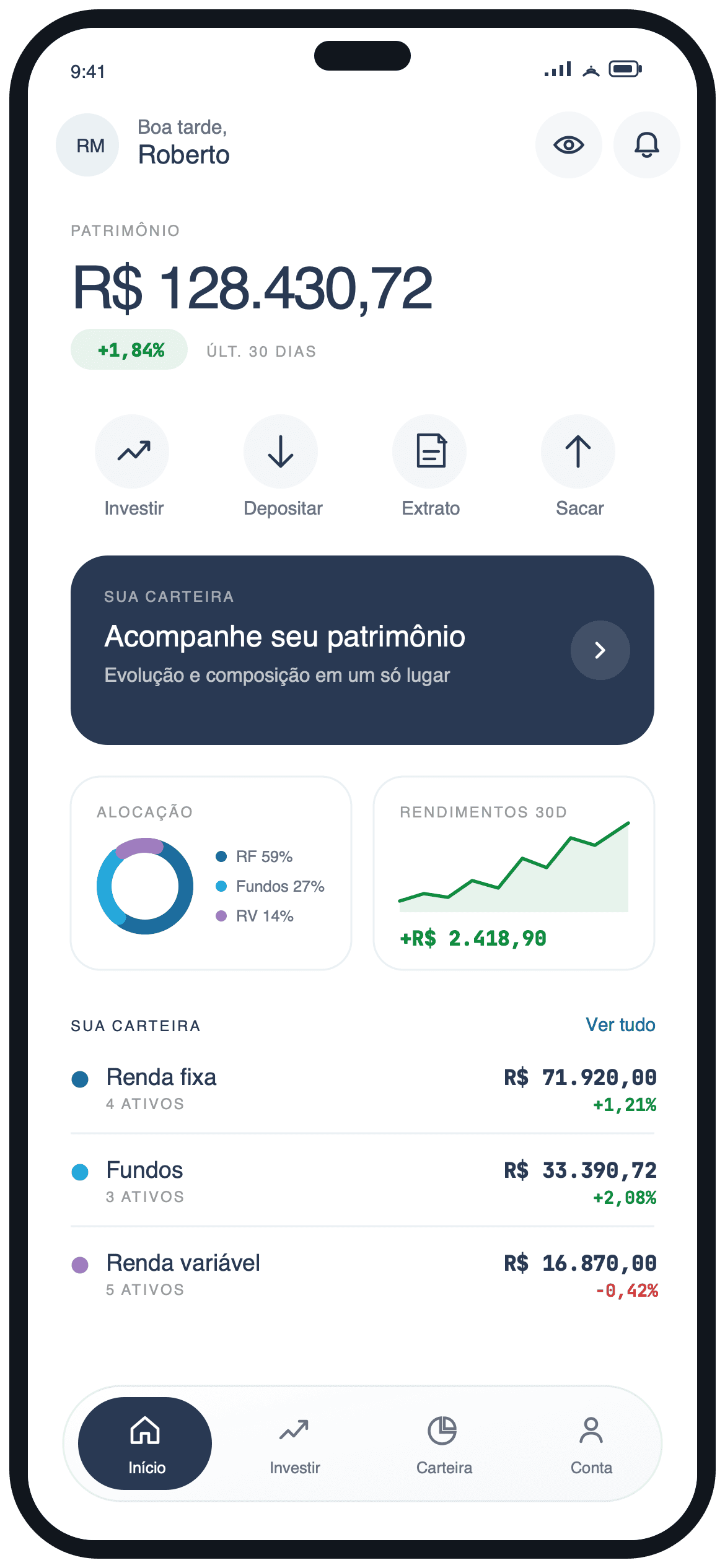 Nova Home do app Nova Futura com patrimônio, atalhos e carteira demonstrativa
