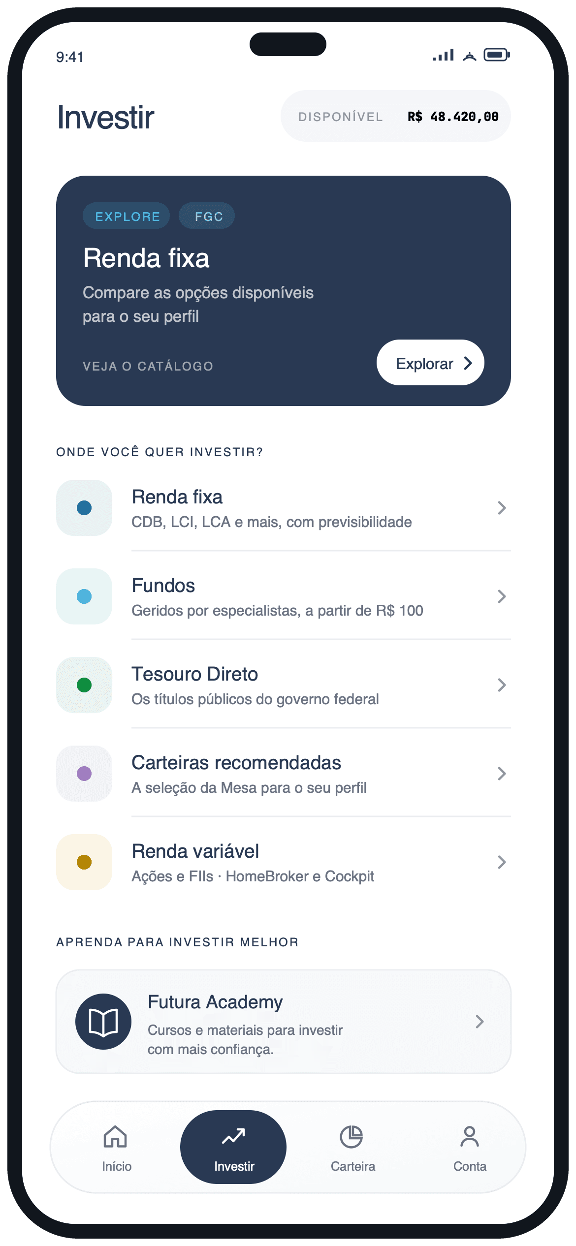 Nova tela Investir do app Nova Futura com categorias e valores demonstrativos