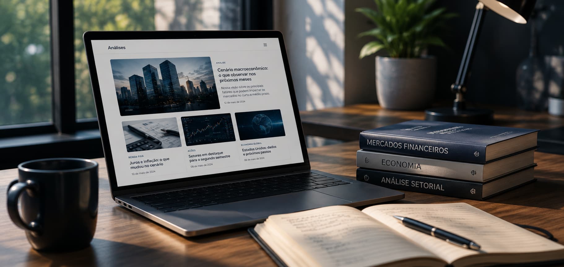 Blog da Nova Futura com análises de mercado aberto em um notebook sobre a mesa